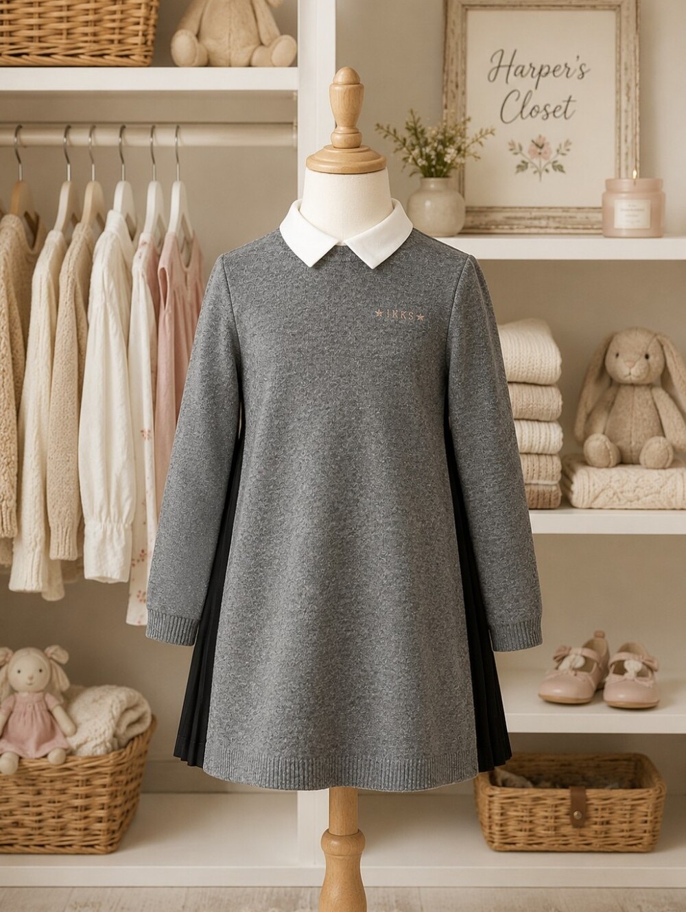 IKKS Girls Grey Knit Dress with Black Pleated Back